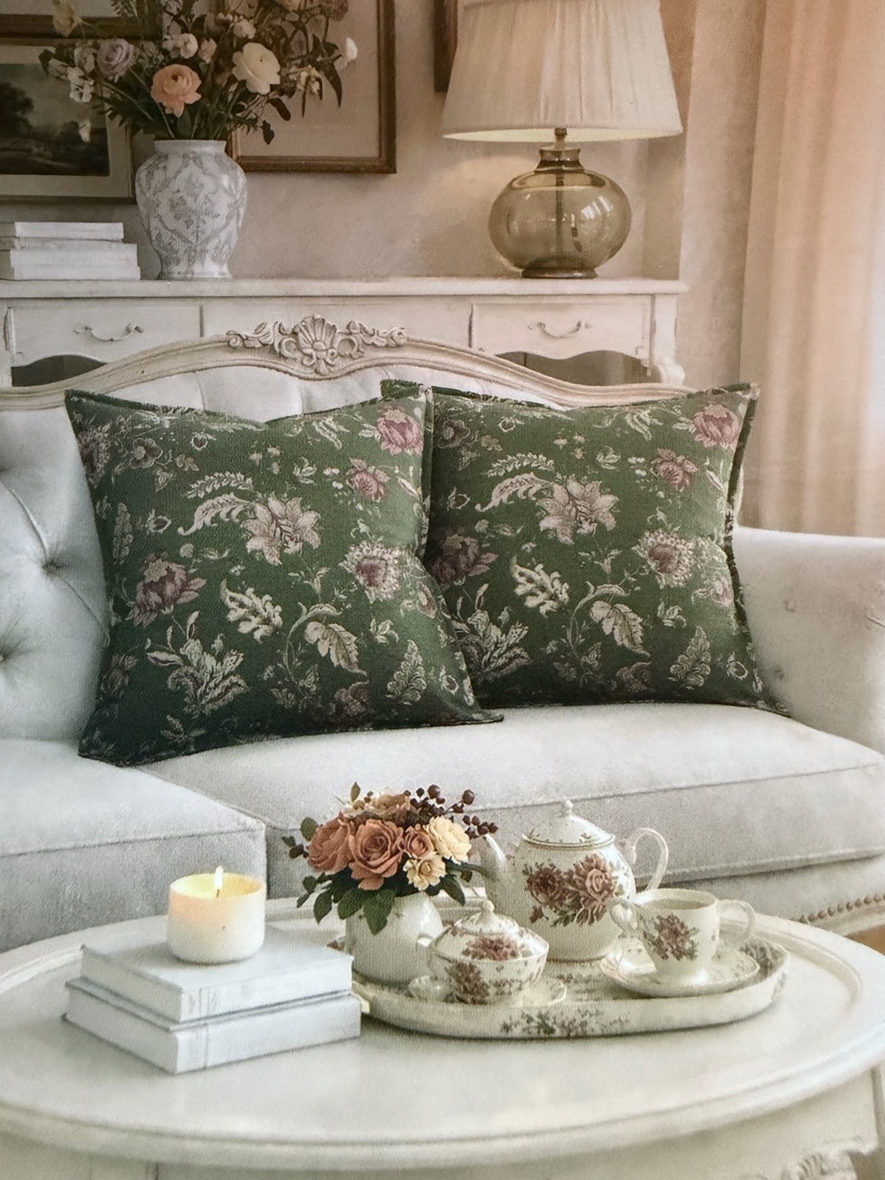 Floral Toss Pillow - Green, Burgundy and Pink - 18x18 Set of 2